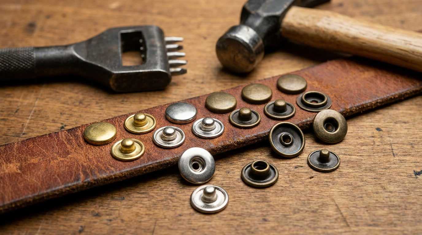 types of leather snaps, Different types of leather snaps in assorted sizes and metal finishes are displayed on brown leather beside hand tools.